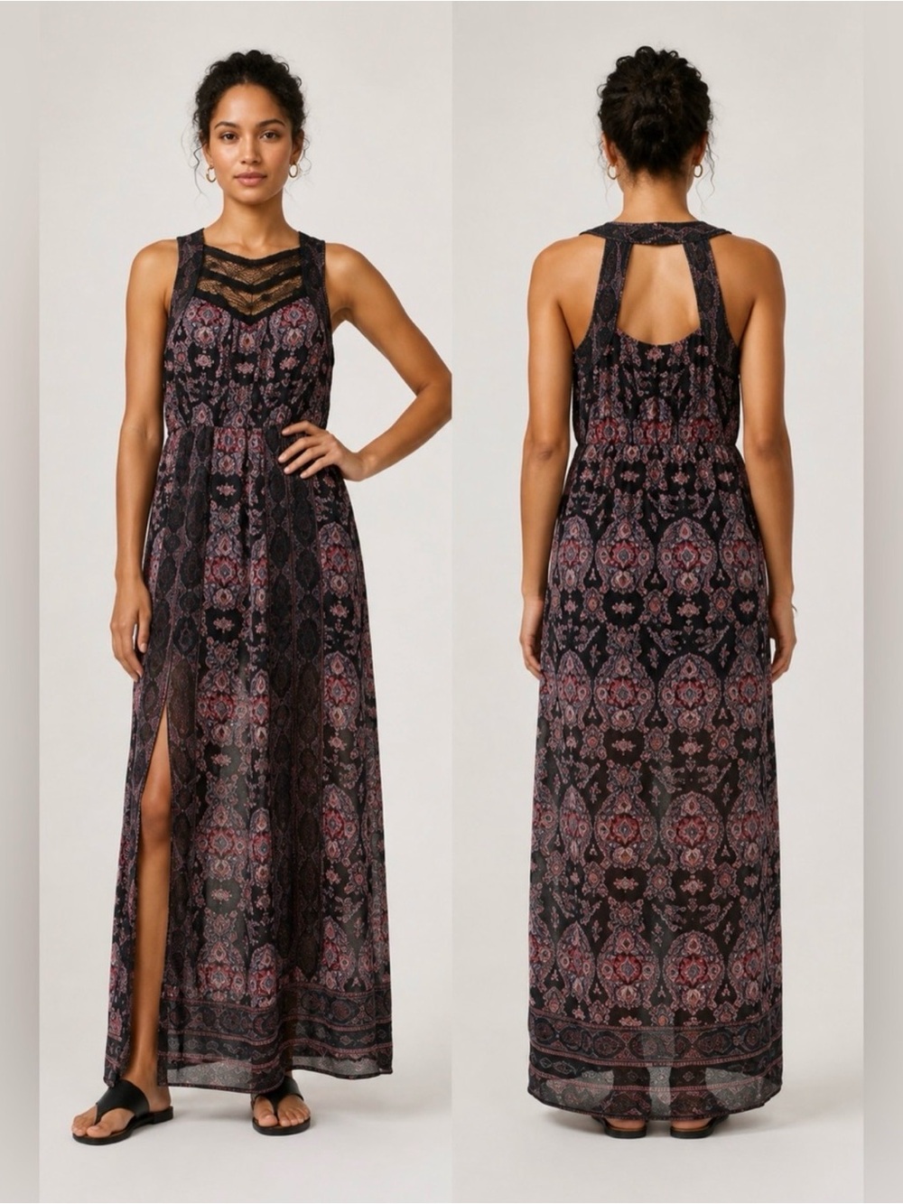 Free People Bohemian Moroccan
Black Printed Lace Yoke Maxi
Dress Size 4